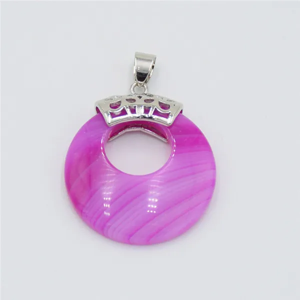 Натуральный фиолетовый кристалл розовый Quartzs оникс Зеленый Хаулит Камень пончик монета круглый рейки исцеляющий кулон для ожерелья ювелирные изделия - Окраска металла: Pink Strip Agates