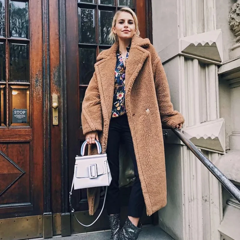Nagodo teddy coat 2018 winter long faux fur coat women brown red casual lamb wool coat warm oversized furry plush coat plus size