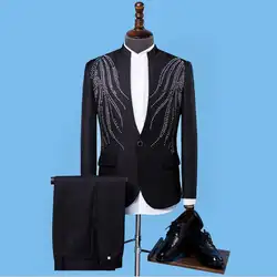 Черный мужской костюм с брюками 2019 мужские свадебные костюмы костюм певица звезда Стиль Танцевальная сценическая одежда молодежное