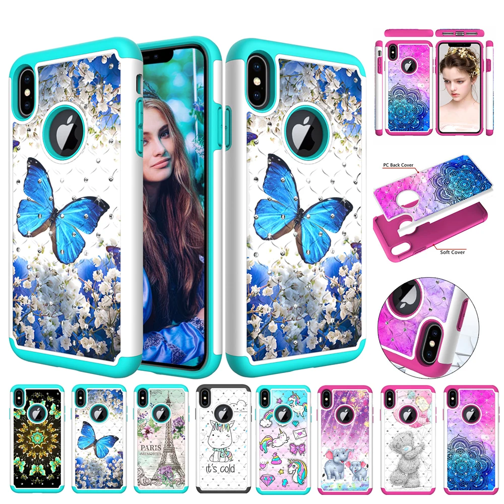 

Hard PC + Soft Silicone Case For iPhone Xr Case 2 in 1 Diamond Bling Glitter Case iPhone Xs Max Luxury Fashion Case For iPhone X