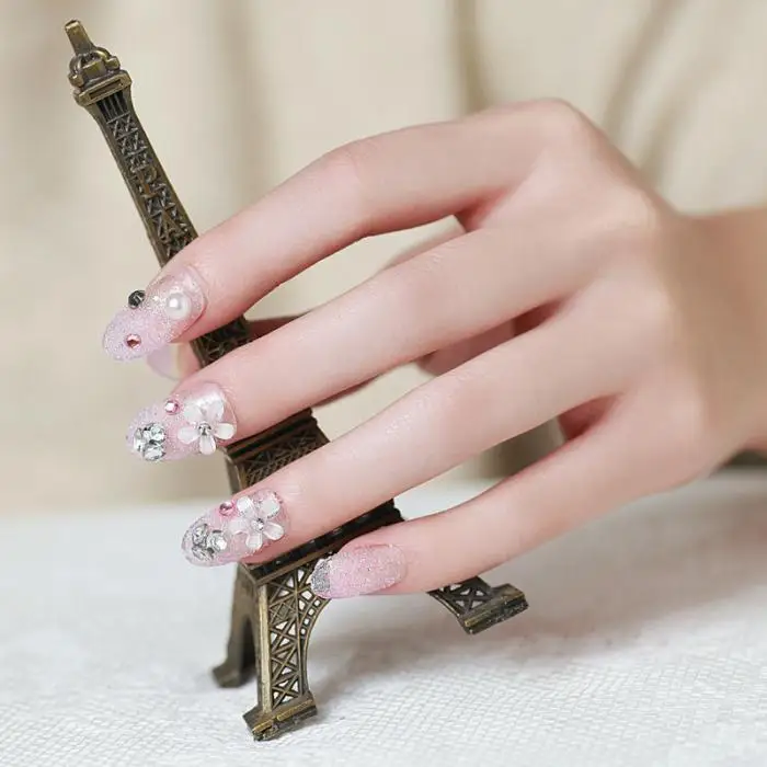 24 шт./компл. для невесты французский Свадебные цветы накладные ногти дизайн ногтей Акриловые полные накладные ногти советы с клеем JIU55