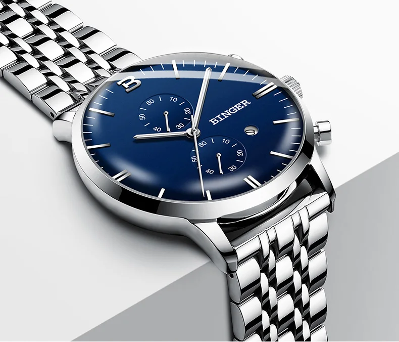 BBINGER сапфировые кварцевые Бизнес Мужские часы Топ бренд тонкой стали Роскошные спортивные часы мужские часы из нержавеющей стали водонепроницаемые наручные часы - Цвет: Синий