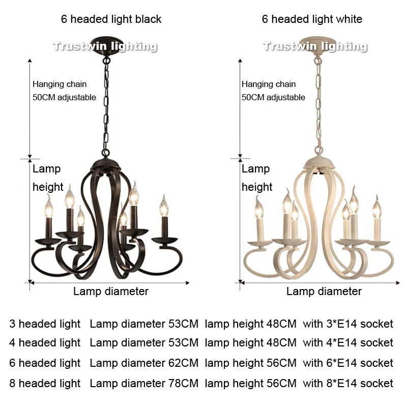 Европейский сад железная люстра светильник светодиодный подвесной светильник 3 4 6 8 arms E14 Свеча светильник Черный Белый Зеленый современный декоративный светильник