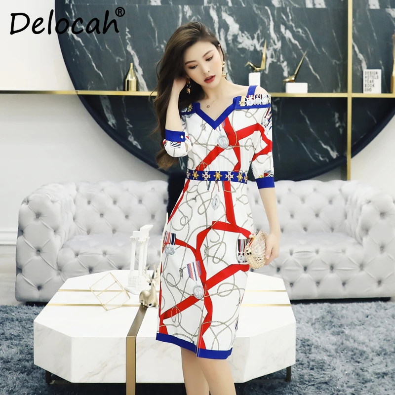 

Delocah Women Spring Summer Dress Runway Fashion Designer Sexy Spaghetti Strap Gorgeous Crystal Printed Slim Modern Lady Dresses