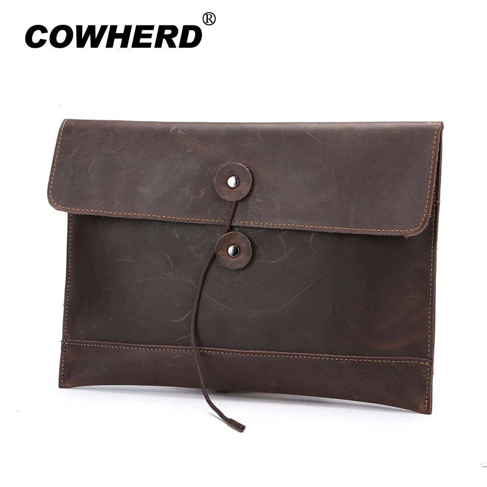 

COWHERD Men Crazy Horse Genuine Cow Leather Envelope Bag Hot Selling Male Business Clutch Handbag Coffee File String Briefcase