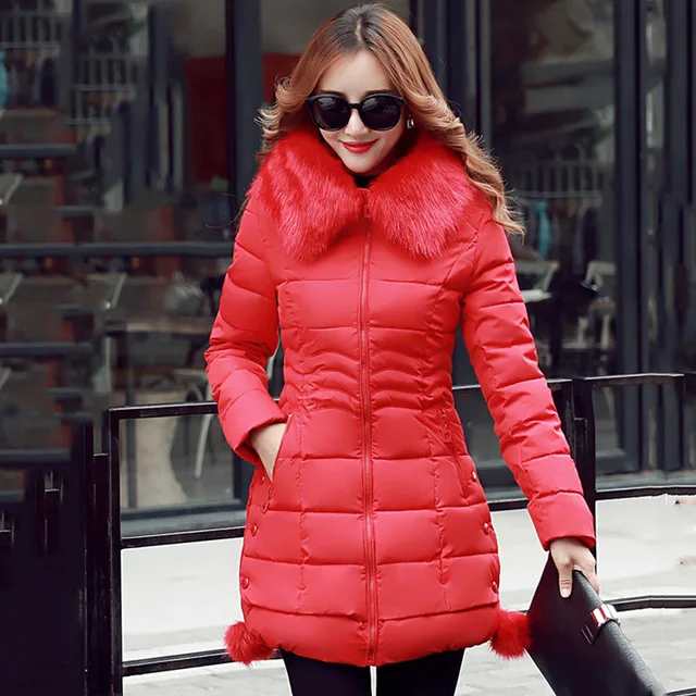 Корейская тонкая парка средней длины с большим меховым воротником, женская зимняя куртка, теплое пальто с капюшоном, женская пуховая хлопковая парка, толстая верхняя одежда - Цвет: Красный