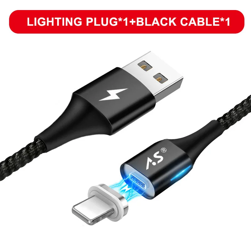 A.S светодиодный магнитный USB кабель для iPhone Micro USB кабель USB C магнит быстрое зарядное устройство нейлоновый кабель для передачи данных для samsung Xiaomi huawei - Цвет: Black for Apple