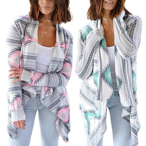 

2018 Autumn lady's sweater Long Sleeve Knitted Open Front Geometric Printing cardigan coat lady's sweater Female cardigan