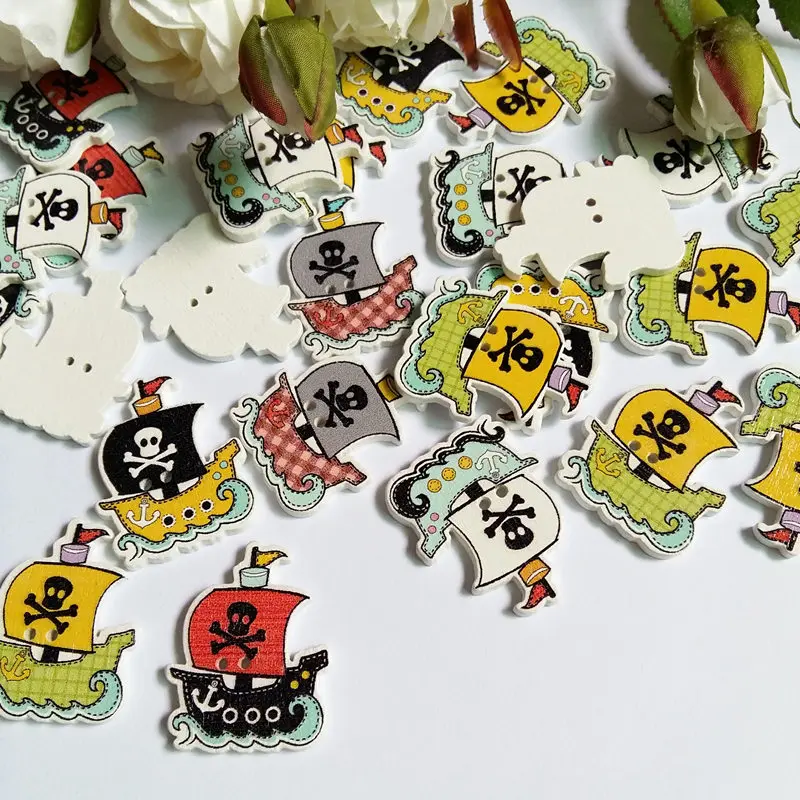 

150PCS Mixed 2 Holes Pirate Ship Wooden Buttons Clothing 26*32mm Sewing Buttons for Craft Scrapbook Accessories
