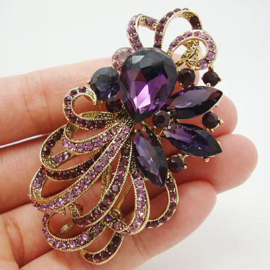 

Rhinestone Brooch Charming Purple Flower Bouquet Gold Tone Pendant Brooch Pin Rhinestone Crystal
