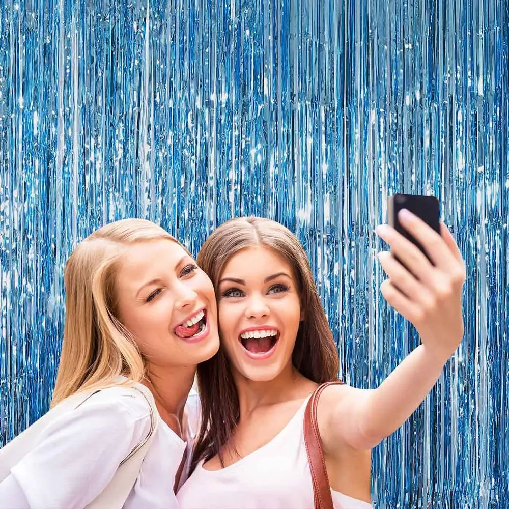 

MTMETY 2 * 2 m Blue curtain rain photograph background aluminum foil stripe curtain birthday party decoration(Pack of 2) STM003