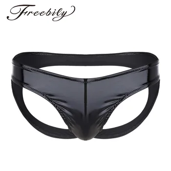 

Black Gay Mens Lingerie Sissy Briefs Wet Look Patent Leather Lightweight Open Back Low Rise Mens Bikini Briefs Underwear Panties