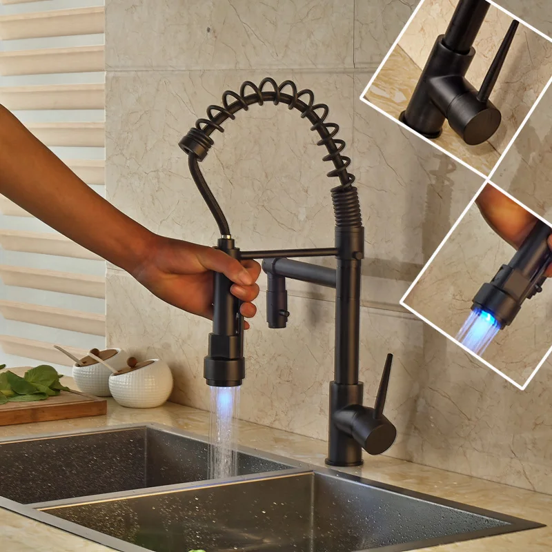 LED Color Oil Rubbed Bronze Kitchen Mixer Water Faucet Deck Mounted Single Handle Pull Down Spring Kitchen Faucet