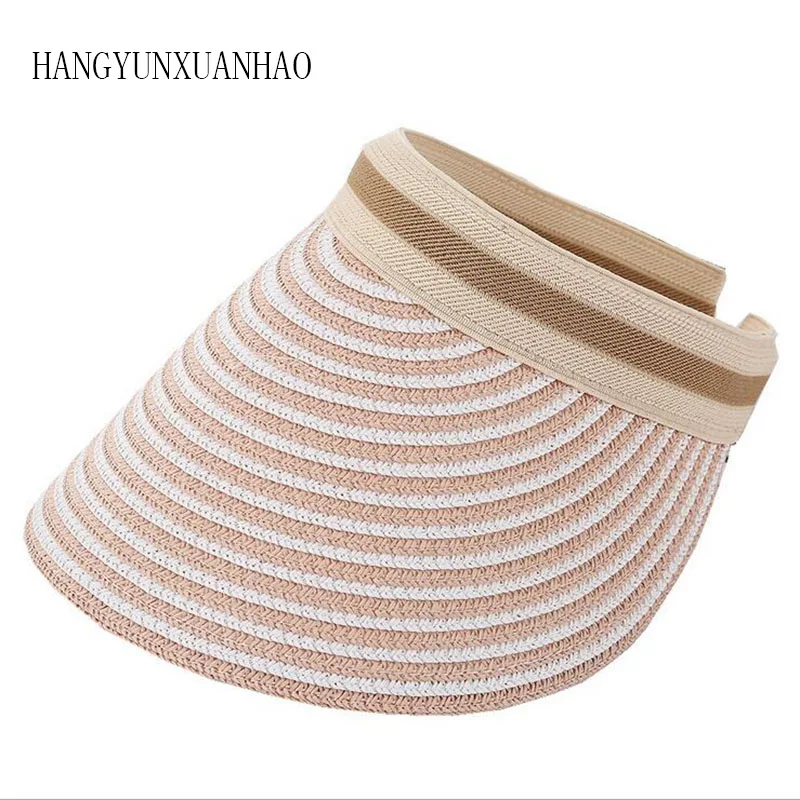 

2019 Woman's Sun Hats Female Two-color stripe Visor Caps Hand Made DIY Straw Summer Cap Casual Shade Hat Empty Top Hat Beach