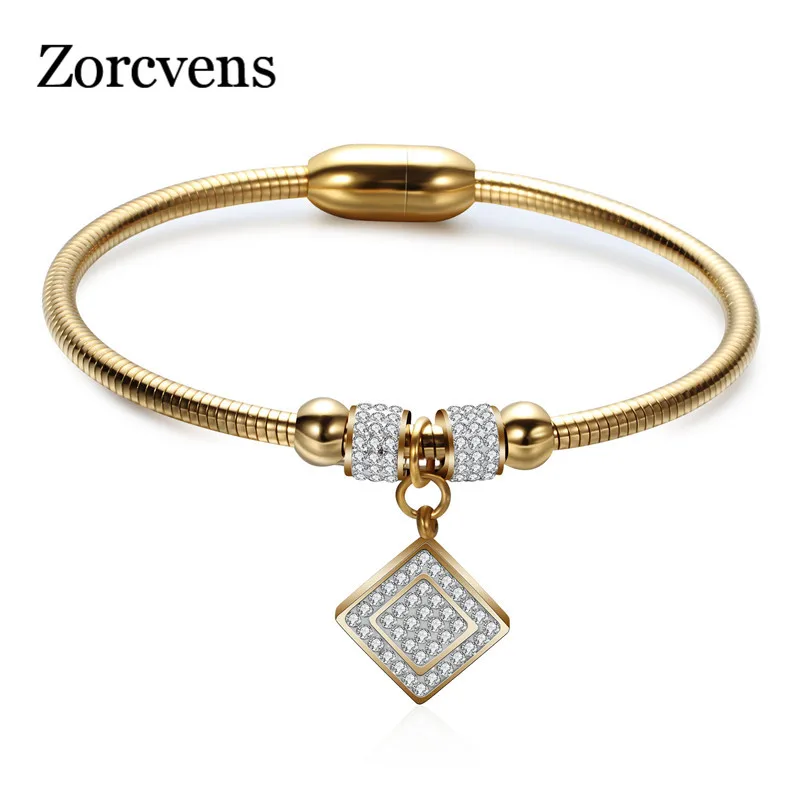 

ZORCVENS Gold Color Stainless Steel Bangles for Woman Cubic Zirconia Square Pendant Charm Bracelets Bangles