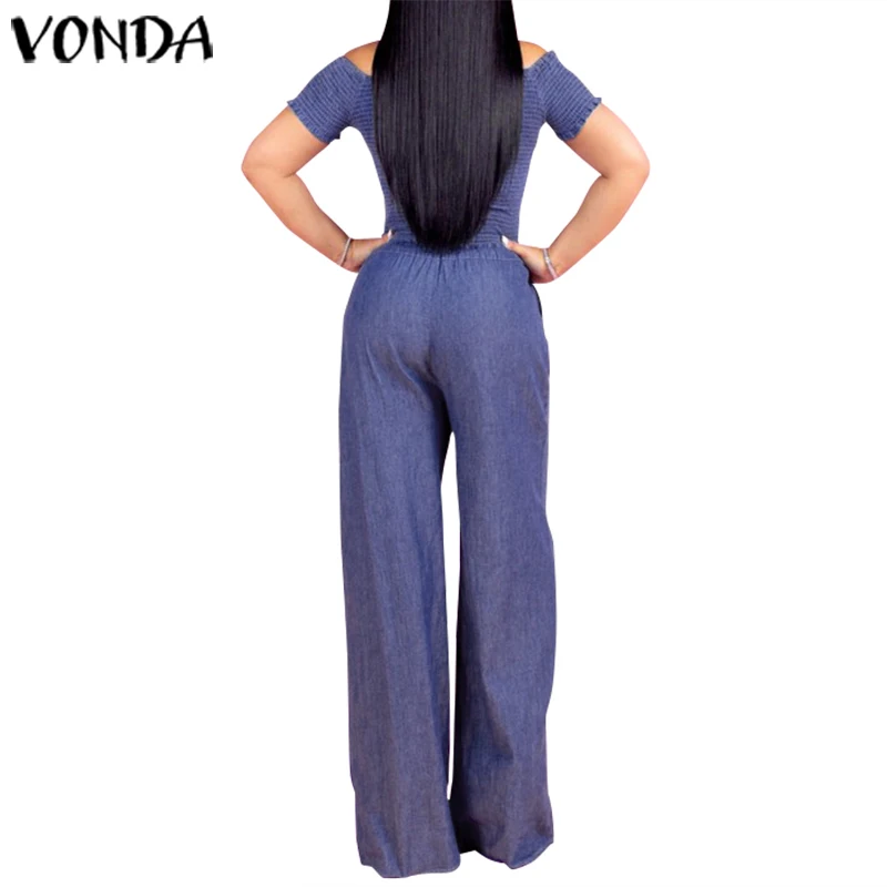 VONDA Casual Demin Rompers Women Jumpsuit Sexy Off Shoulder Playsuits Summer Bohemian Wide Leg Pants Office Overalls Plus Size