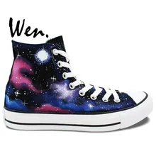 Wen Original Sneakers Hand Painted Design Custom Sneakers Space Starlight Galaxy Blue Cloud Men Women’s High Top Canvas Sneakers