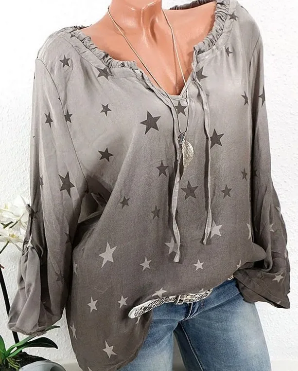 Новая женская блузка с принтом звезд с длинными рукавами, Повседневная рубашка большого размера, S-5XL