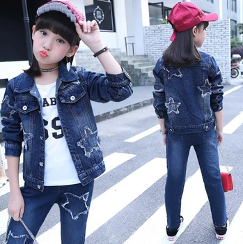 

2 Pcs Girls Spring Jeans Clothing Sets Teen Girls Embroidered Jackets Denim Pants Outfits ensemble fille For 6 8 10 12 14 Years