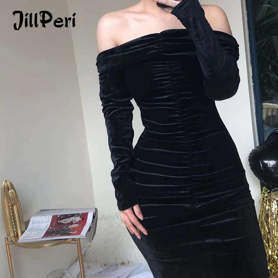 

JillPeri Women Autumn Long Sleeve Off the Shoulder Mini Dress Winter Stretch Velvet Ruched Sexy Party Dress Elegant Daily Outfit