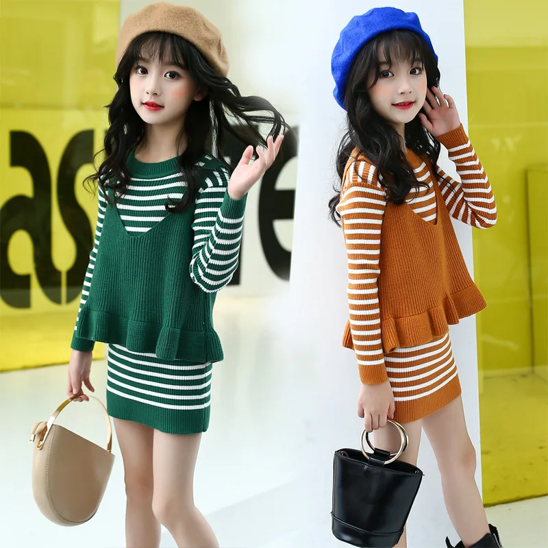 

New 2018 Spring Autumn Baby Girl Clothes Girls Clothing Sweater Set Long Sleeve Striped Knit Sweater Dress+Sling Vest 2Pcs Suit