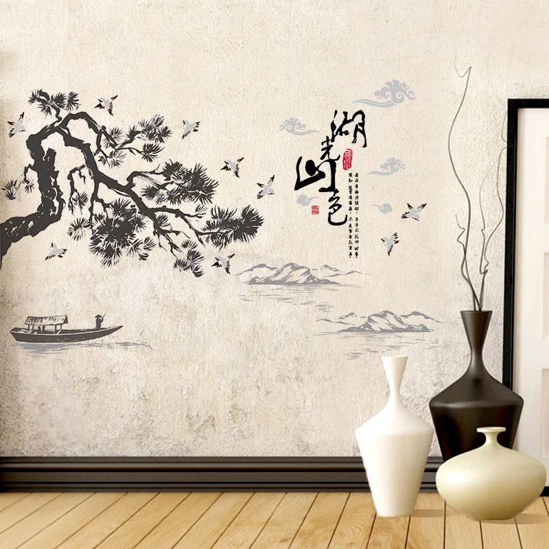 

[Fundecor] Chinese style wall stickers Lakes mountains landscape painting art decals mural living room bedroom home decoration