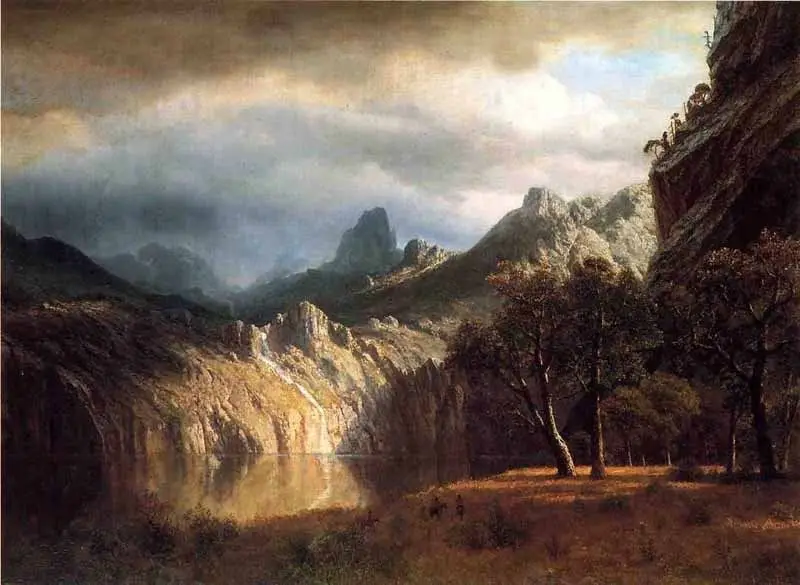 

Large Landscape Oil Painting on Canvas by Albert Bierstadt In Western Mountains & Stream Before Storm Wall Art Painting