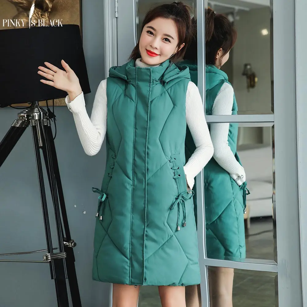 

PinkyIsBlack 2019 Winter Long Sleeveless Vest Coats Women Hooded Down Cotton Padded Jacket Vests Korean Fashion Winter Waistcoat