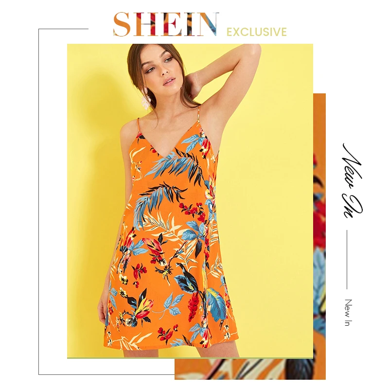 SHEIN платье на бретельках с тропическим принтом оранжевого и желтого цвета Boho Slip V образным вырезом на бретельках летнее женское прямое платье без рукавов