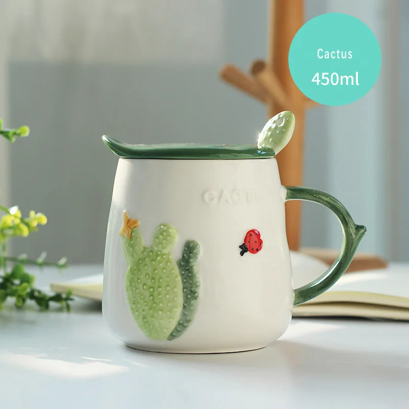 Студенческая чашка для молока разных типов, модная керамическая кружка для воды С КАКТУСОМ, высокое качество, чашка для питья кофе с фарфоровой ложкой, 450 мл - Цвет: CACTUS  450ML