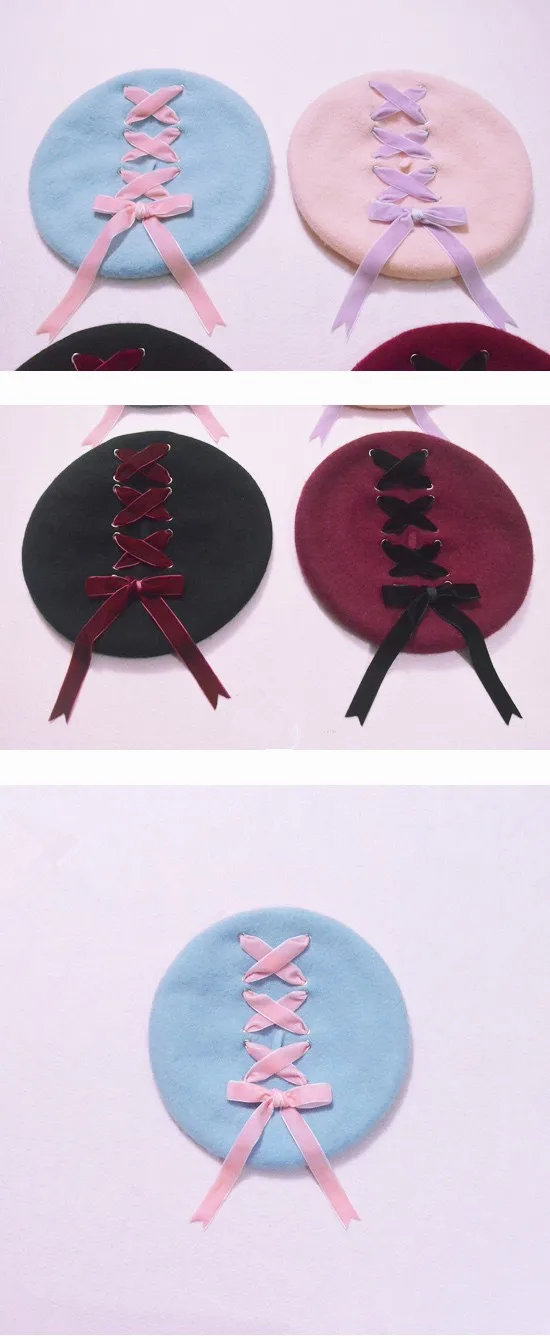 Береты для женщин Harajuku Hat милые ленты Лолита мягкие бретели нижнего белья крест лук обувь девочек Береты Шерстяные художник
