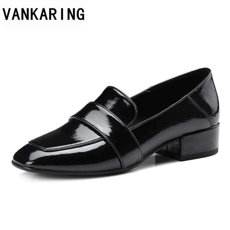 

VANKARING women pumps 2018 new fashion patent leather med heels square toe shoes woman dress party office ladies shoes pumps