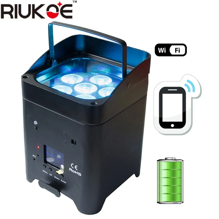 

RIUKOE Battery Uplighting Wifi Remote 6x12W RGBWAP 6in1 LED DMX 512 Wireless Par Disco dj Wedding Party Stage Light