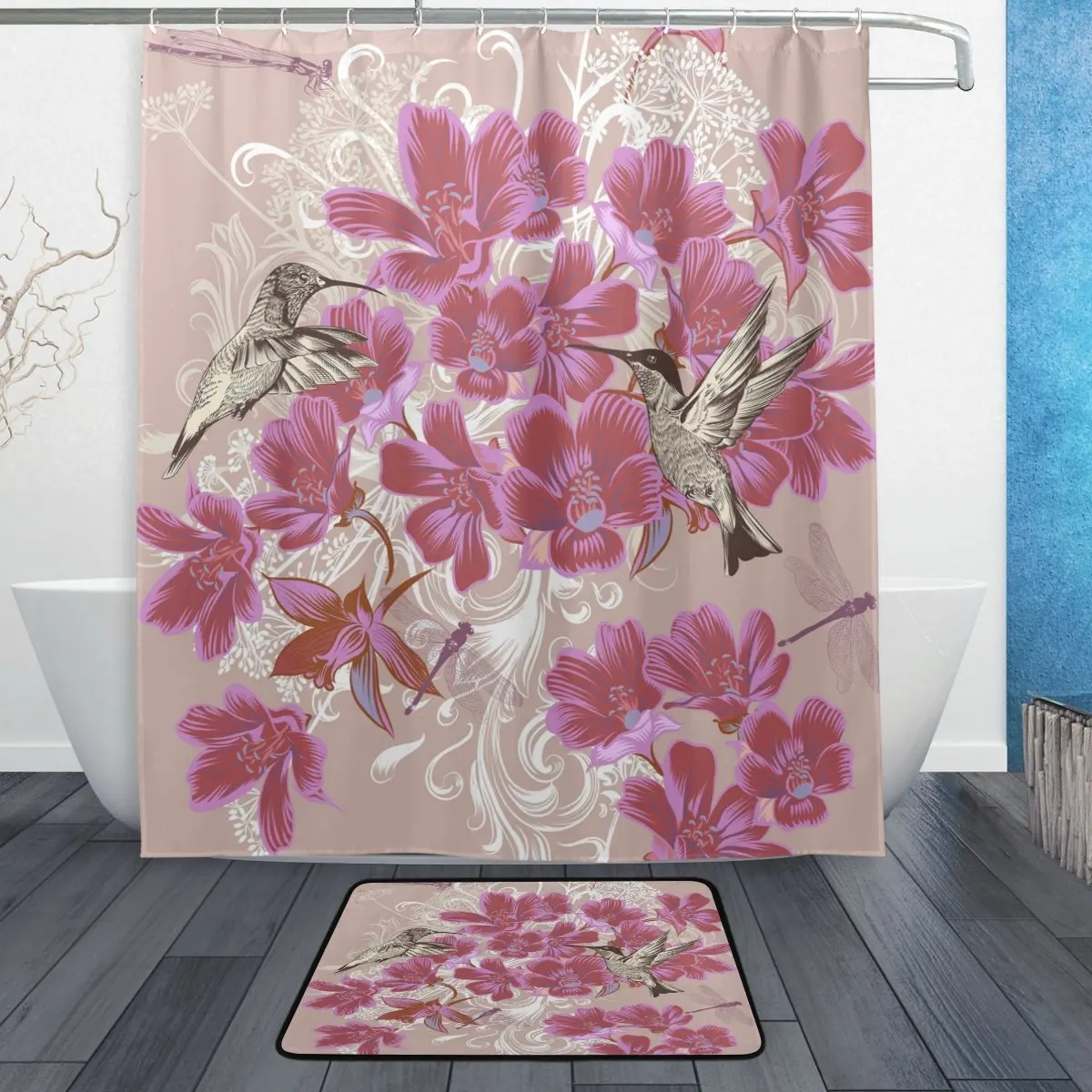 The Flowers And Birds Waterproof Fabric Home Decor Shower Curtain Bathroom Mat