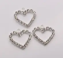 Hot 100Pcs Silver Plate Clear Rhinestone Heart Shaped Charm 22x24mm za459