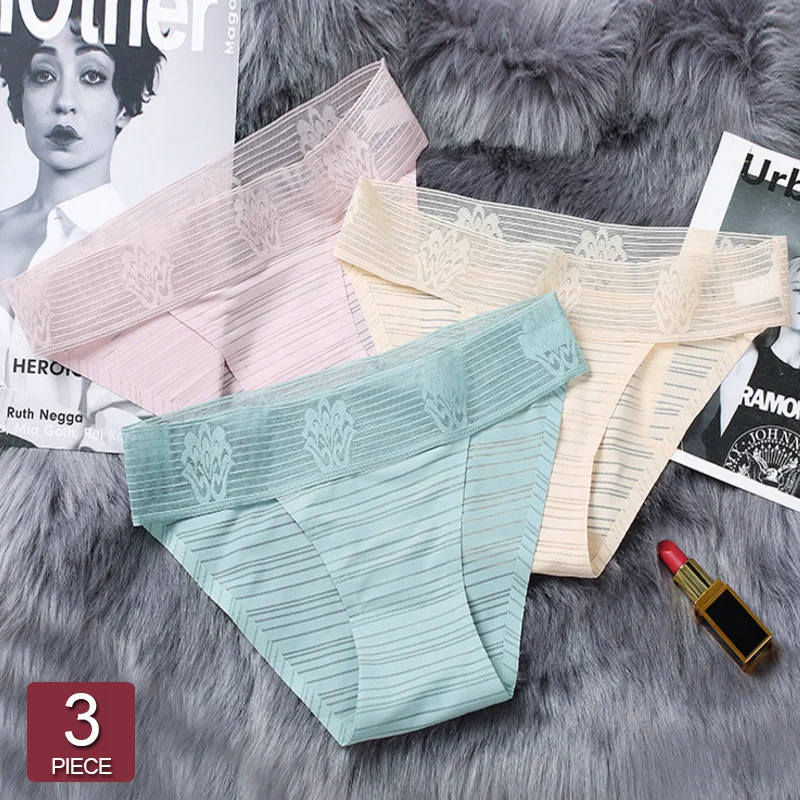

New Women Seamless Lace Ice Silk Panties Sexy Striped Breathable Female Underpants Hollow Out Low Waist Ladies Lingerie Briefs
