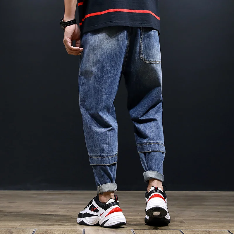 Japanese Style Fashion Men Jeans Blue Loose Fit Harem Pants hombre Streetwear Spliced Designer Hip Hop Jeans Men Pencil Pants