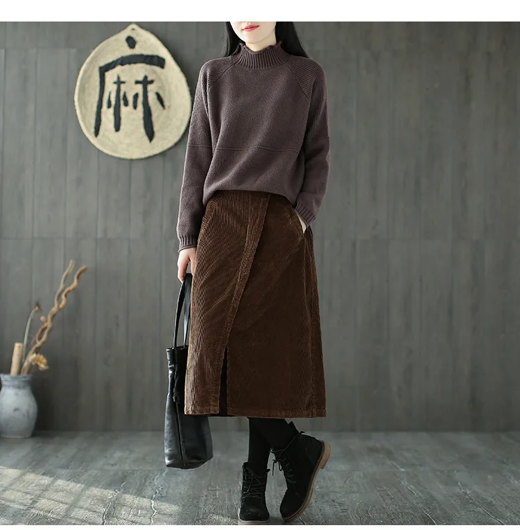 Comprar Faldas de pana media elástica cintura bolsillos oblicuos dobladillo forrado retro salvaje caliente mujer falda 3810