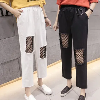 

Women Pants Cool Denim Vintage Straight Fishnet Jeans Waist Elastic Ankle New Hole Ripped Jeans For Women Mid Waist Denim Hollow