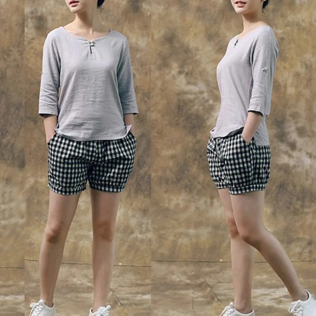 Women's shirt  2019 Women's Round Neck Cropped Sleeves Cotton And Linen Shirts Solid Color Loose