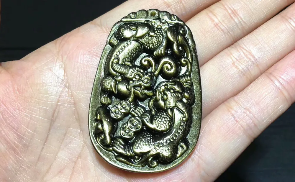 Genuine Natural Gold Obsidian Gemstone Pendant Gold Flash Women Man Pi Xiu Shape Crystal Pendant 59x40x13mm AAAAA (4)