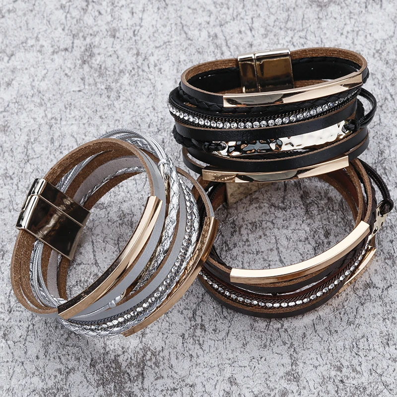 Amorcome Metal Bar Charm Leather Bracelets For Women Trendy Boho Braided Rope Wide Multilayer Wrap Bracelet Female Jewelry - Image 5