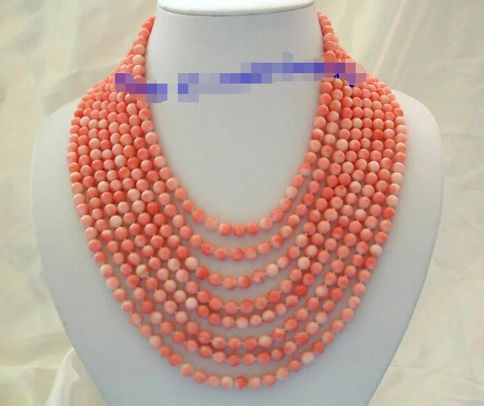 

shippingstunning 8rows 6mm round crude pink coral necklace g165