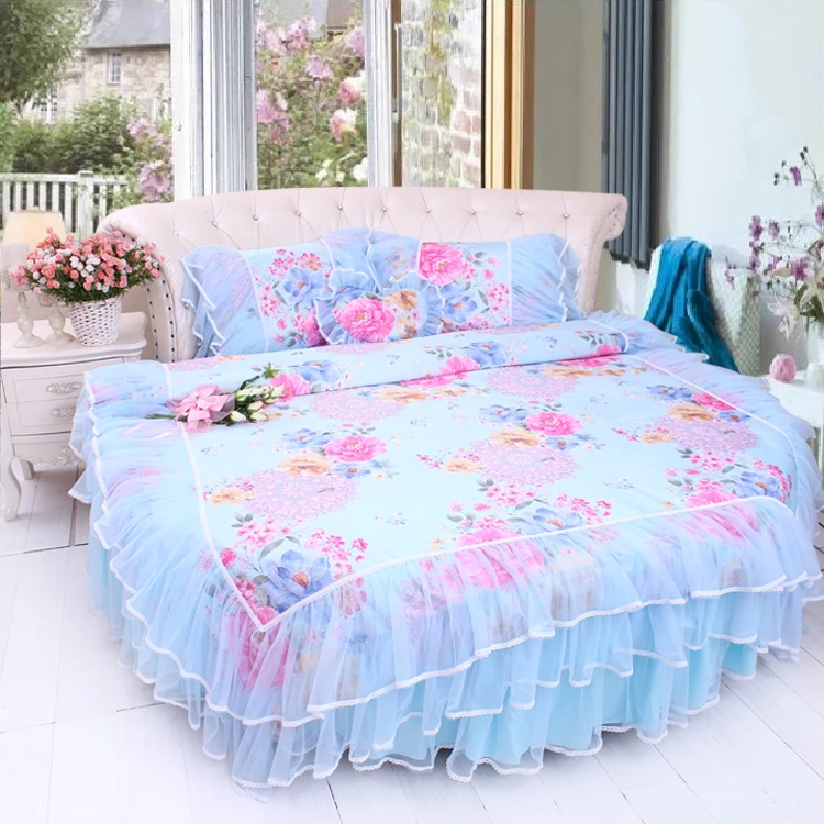 Light Blue Pink Ruffle Round Bed Bedding Sets Super King Queen Size Cotton Sweet Home Duvet Cover Pillow Case Bedskirt Set In From