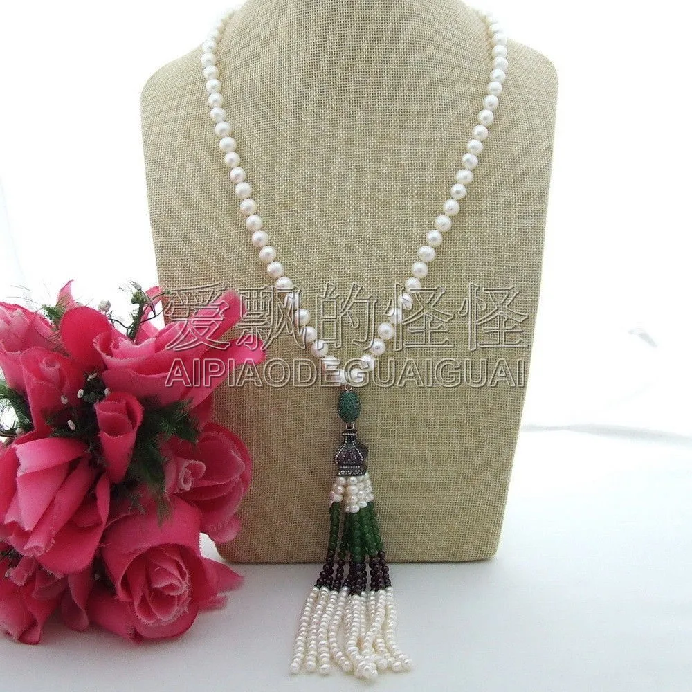 

Women's 24'' White Round Pearl Garnet Necklace CZ Pendant