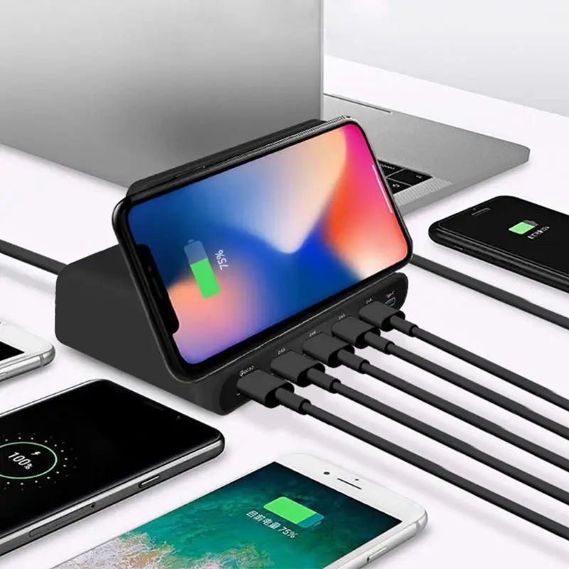 

7-in-1 Wireless Charger QC 3.0 Quick Charge 5 USB Ports Type C Charging Dock Station Stand for iphone Samsung Xiaomi Smartphone