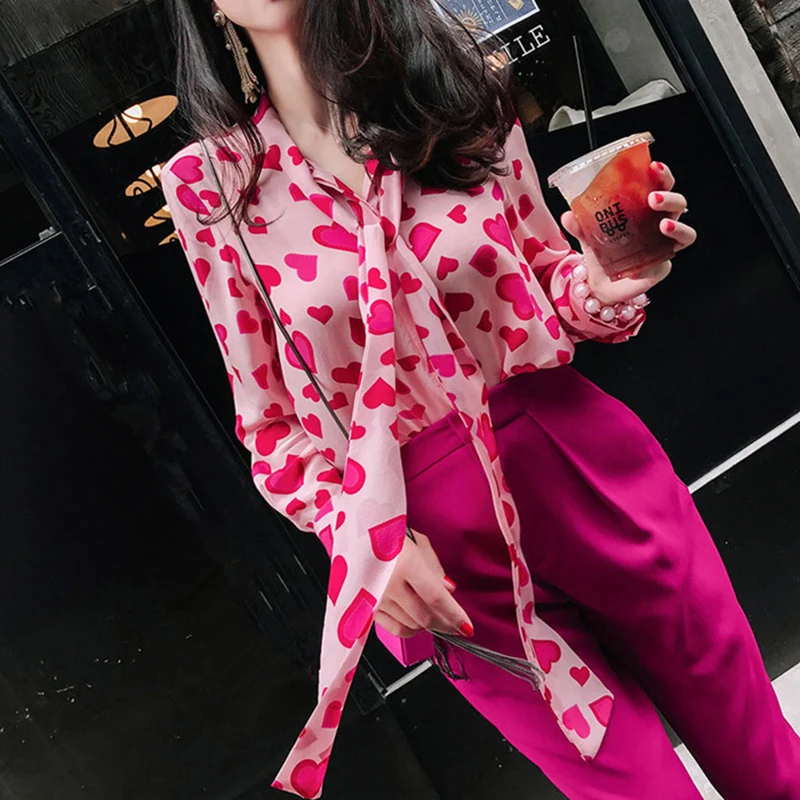 

Fanco Vintage Heart Print Long Sleeve Chiffon Blouse Sweet Women Shirt Tie Autumn New Fashion Tops Chemise Camisa