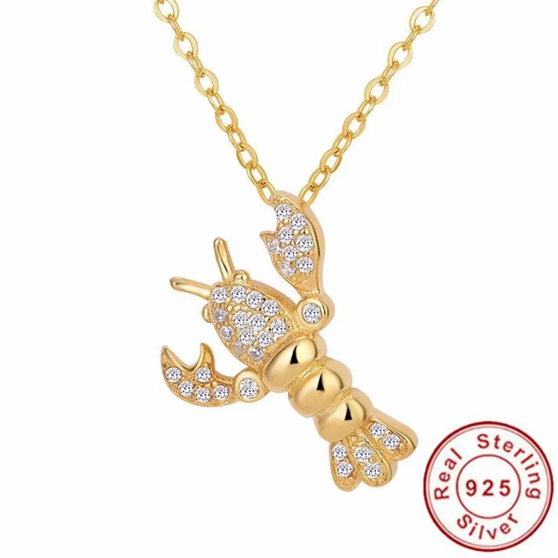 Gold Color Crawfish Shrimp Lobster Pendant Necklace 925 Solid Silver
