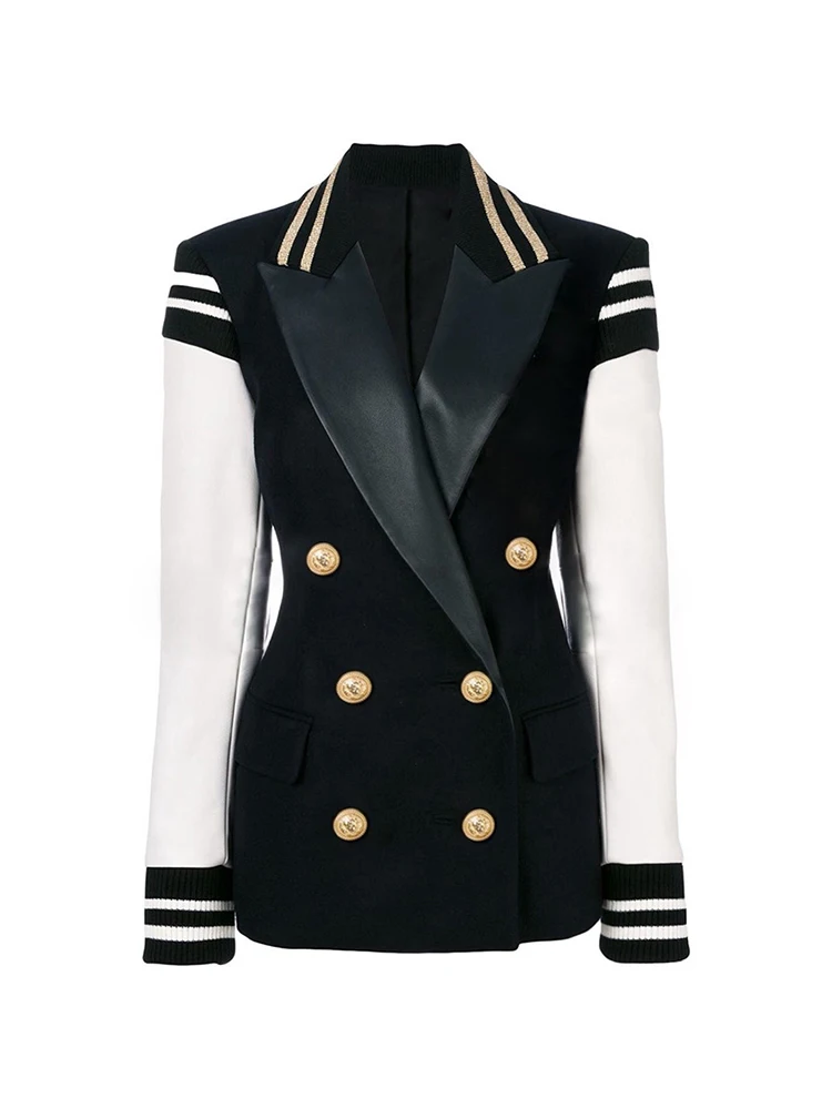 Women gold color buttons double breasted patchwork PU blazer striped black military blazers ...