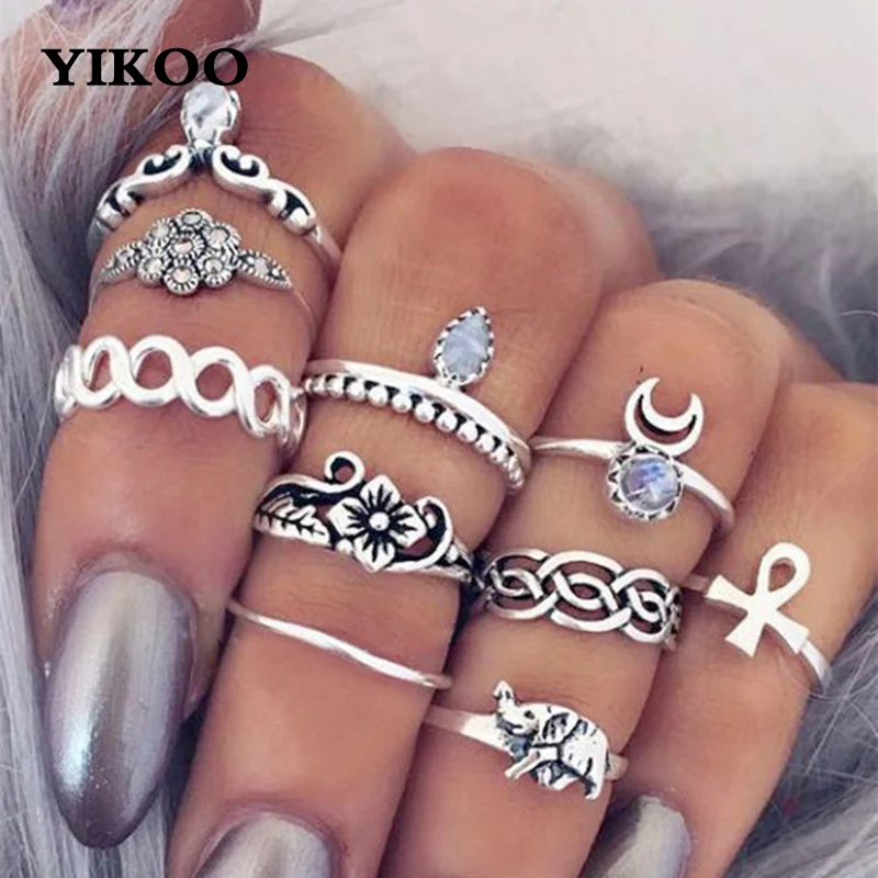 

10PCS/set Vintage Bohemian Knuckle Rings Geometric Flower Stone Ring Set for Women Aneis Bague Midi Finger Rings Boho Jewelry